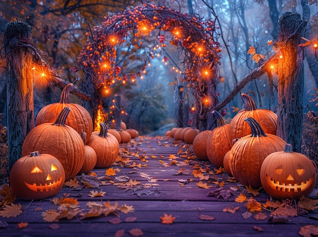 Photo a path with pumpkins and lights on it