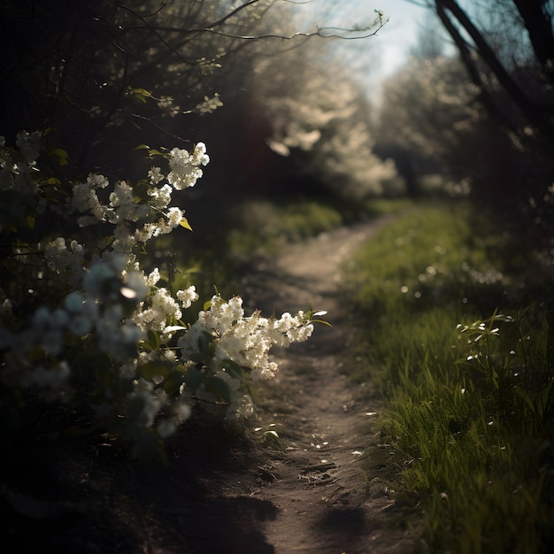 A path with white flowers on it and the sun shining through the trees.