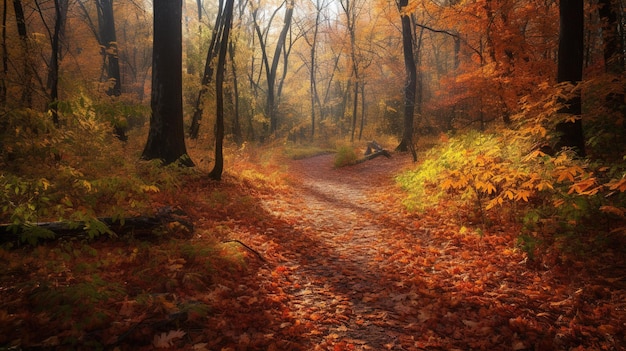 A path in the woods with autumn leaves on the ground