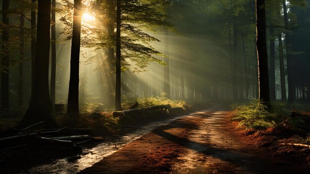 a path in the woods with a bench and trees in the background