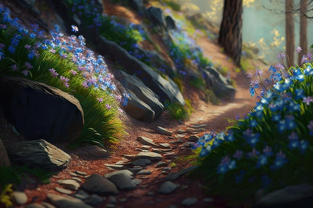 A path in the woods with blue flowers