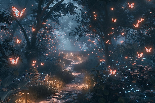 Photo a path in the woods with butterflies on it