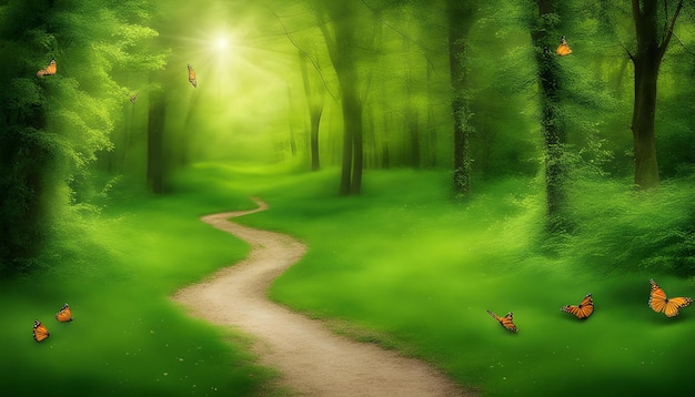 a path in the woods with a butterfly on the right side