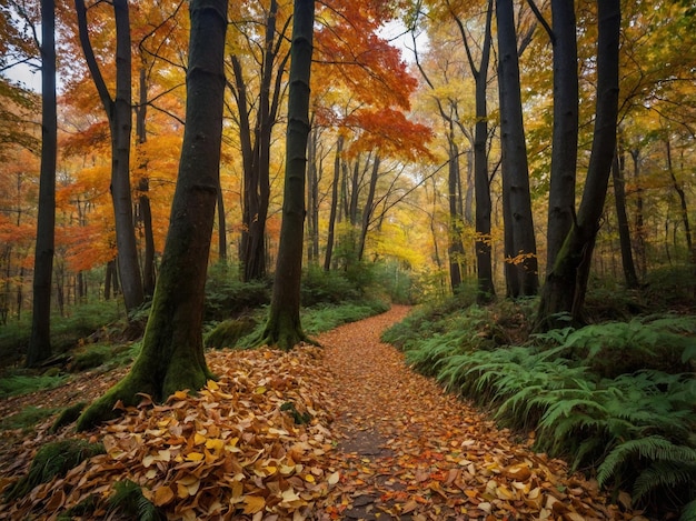 a path in the woods with fallen leaves on it