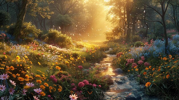 a path in the woods with flowers and the sun shining through the trees