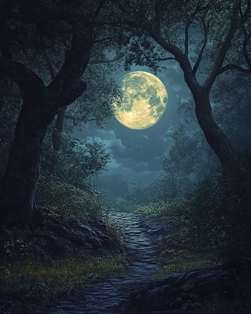 a path in the woods with a full moon in the background