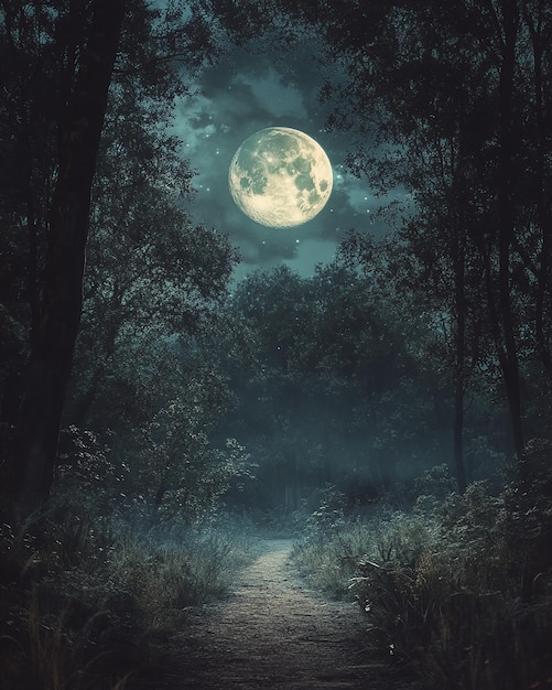 Photo a path in the woods with a full moon in the background