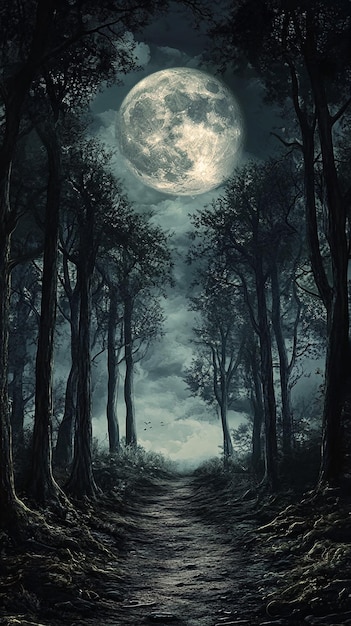 a path in the woods with a full moon behind it