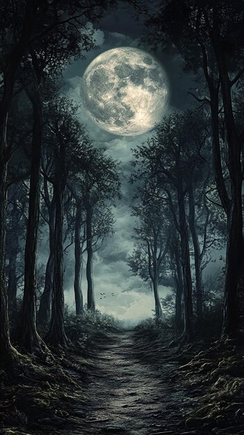 Photo a path in the woods with a full moon behind it