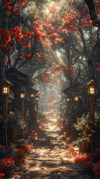 a path in the woods with lanterns