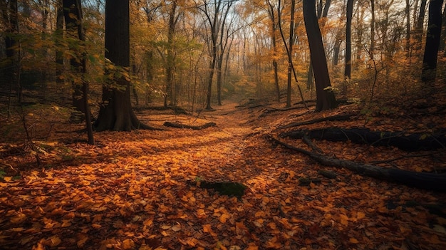 A path in the woods with leaves on it