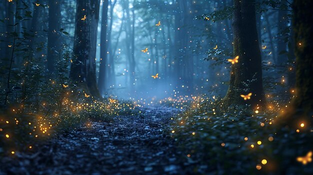 a path in the woods with a light in the background