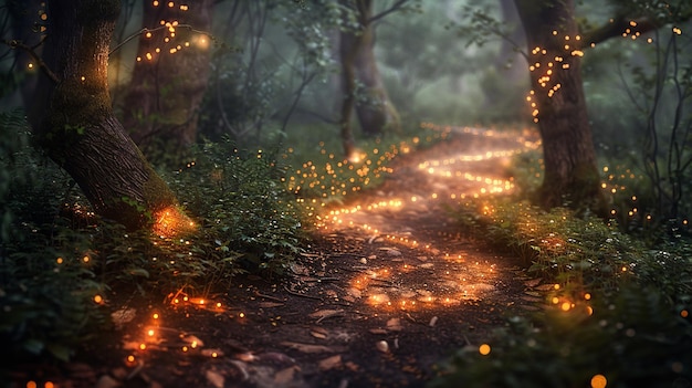 a path in the woods with lights on it