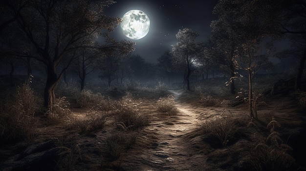 A path in the woods with the moon in the background