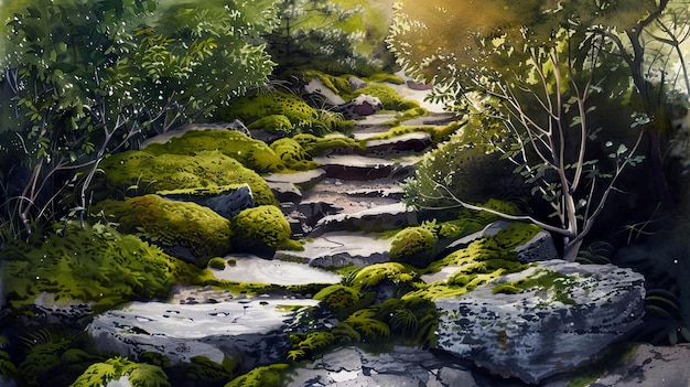 a path in the woods with moss on the rocks