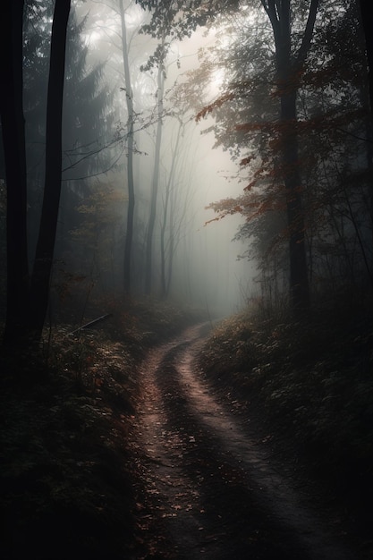 a path in the woods with a path in the fog.