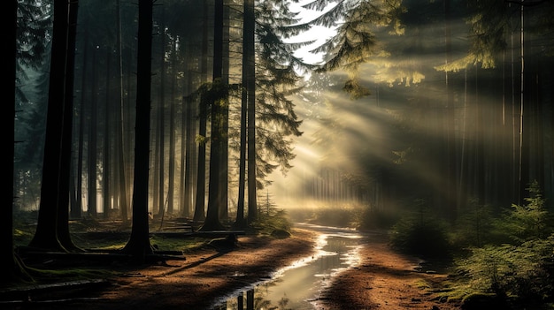 a path in the woods with a path leading to the sun