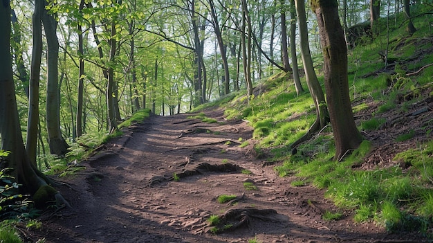 Photo a path in the woods with a path that has a few rocks on it