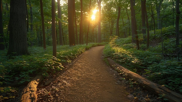 a path in the woods with the sun shining through the trees