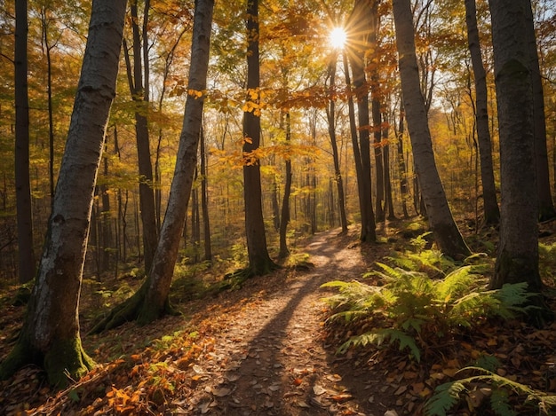 a path in the woods with the sun shining through the trees