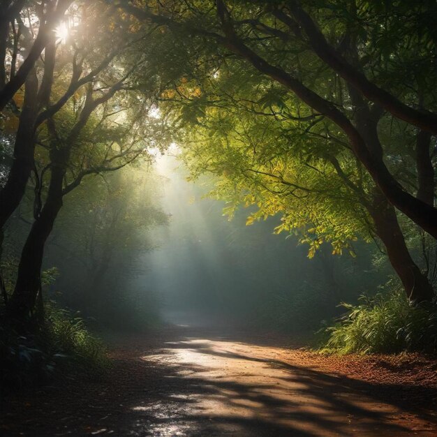 a path in the woods with the sun shining through the trees