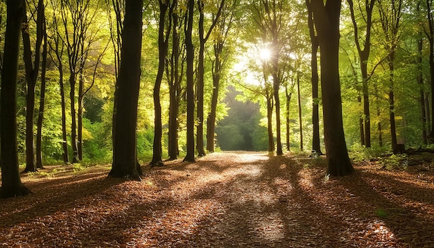 a path in the woods with the sun shining through the trees