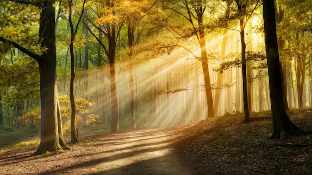 Photo a path in the woods with sun shining through the trees