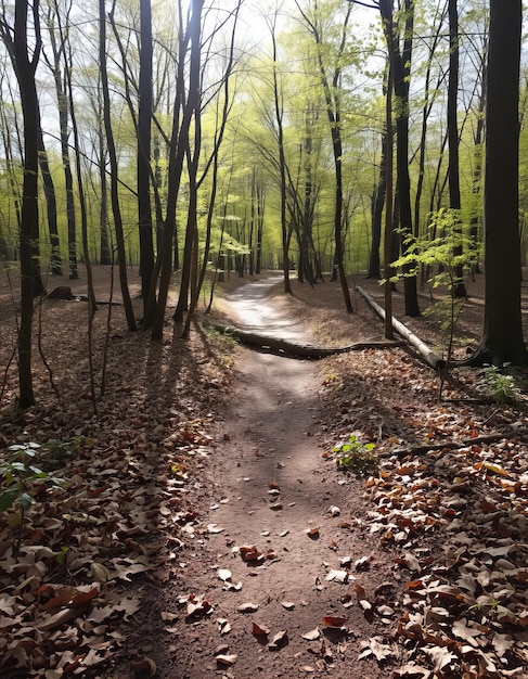 Photo a path in the woods with a tree laying on the ground