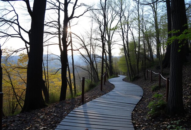 Photo a path in the woods with a wooden walkway leading to a mountain