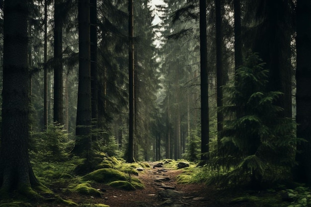 Pathway in a forest covered in grass and trees under the sunlight during daytime