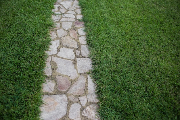 Pathway in the garden outdoor forward stepping stones or pebbled in the grass lawn Using for the roadway to success achievement leadership milestone vision and mission concept