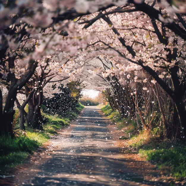 Photo a pathway lined with blooming cherry trees and falling petals