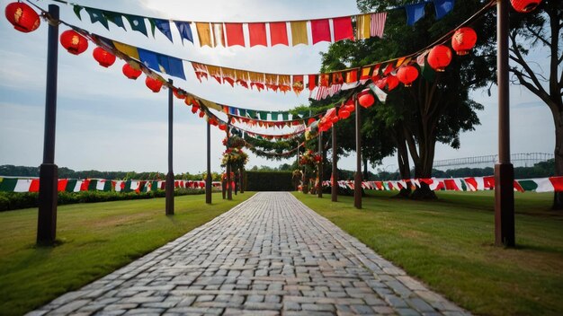 Pathway lined with red lanterns and flags leading to a festival celebration