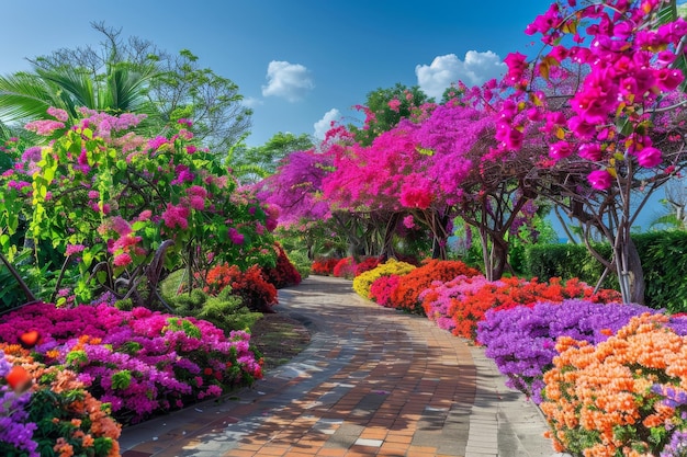 A pathway lined with vibrant blooming flowers of various colors Blooming flowers in a vibrant garden