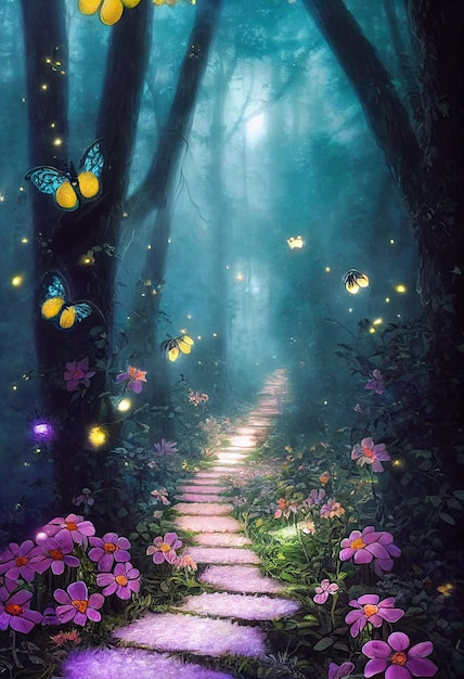 Pathway to magical forest surreal fantasy landscape 3d illustration