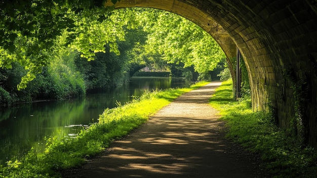 Photo a pathway under a stone archway leading through green foliage