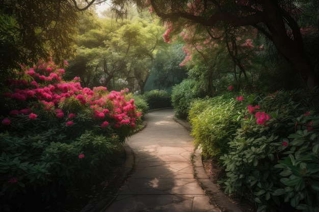 Pathway surrounded by lush greenery and blossoming flowers