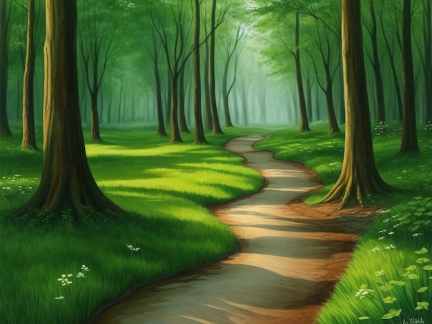 Pathway through a fantasy forest with rays of sunlight shining down