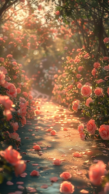 A pathway through a rose garden bathed in golden sunlight petals scattered on the ground