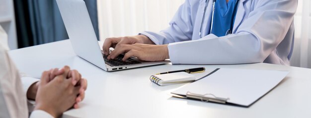 Photo patient attend doctor's appointment at clinic or hospital office discussing medical treatment options and explaining examination results or medical record about sickness panorama rigid