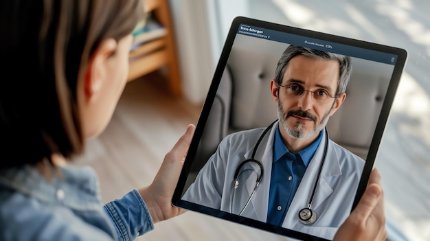 Photo a patient consulting with a doctor via a tablet about analgesic treatment in a clinic showcasing telemedicine