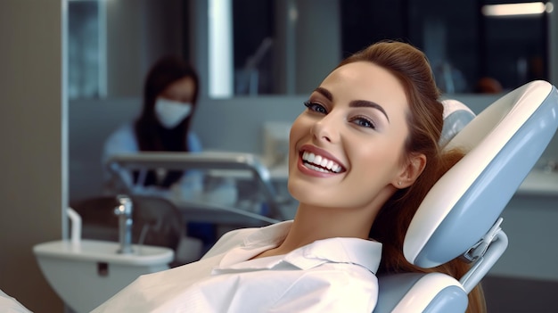 Patient at the dentist's appointment sitting in the dental chair treatment dentures Generated AI