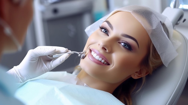 Patient at the dentist's appointment sitting in the dental chair treatment dentures Generated AI