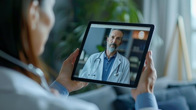 Photo a patient engages in a telehealth session with a doctor displayed on a digital tablet representing m