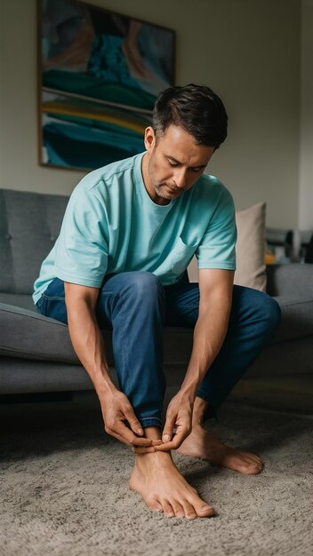 Photo patient getting nonsurgical treatment with shock waves for plantar fasciitis