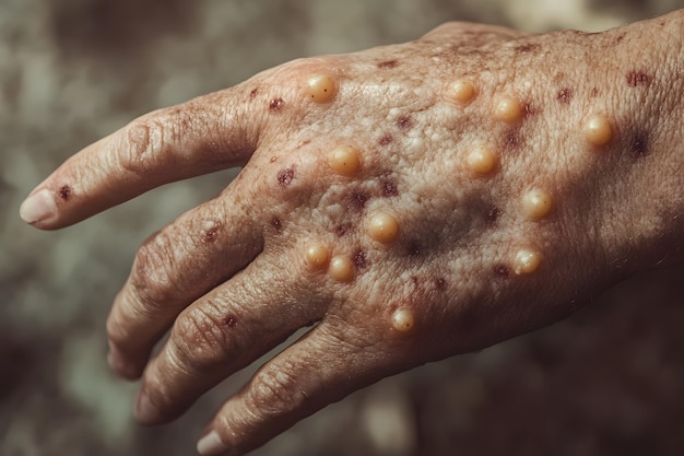 Patient hand with Monkey Pox Monkeypox a new and dangerous disease spreading globally Painful symptoms experienced by Monkeypox patients Monkeypox hand