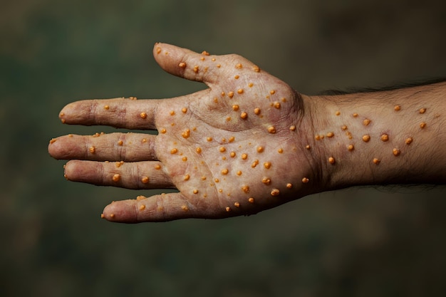 Patient hand with Monkey Pox Monkeypox a new and dangerous disease spreading globally Painful symptoms experienced by Monkeypox patients Monkeypox hand