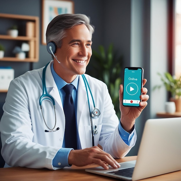 Photo patient listening to friendly doctor via mobile smartphone at home or office health