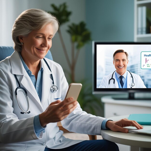 Photo patient listening to friendly doctor via mobile smartphone at home or office health