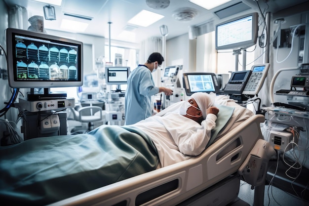 Patient lying in a hospital bed surrounded by medical equipment and monitors Generative AI